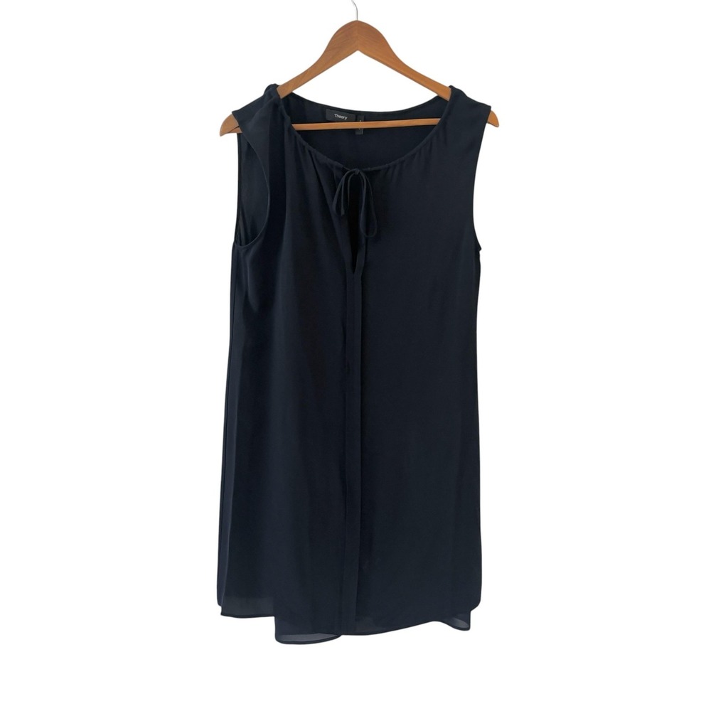 Theory Tie Neck Shift Dress Womens Size 4 Navy Blue Keyhole Bow Minimalist
